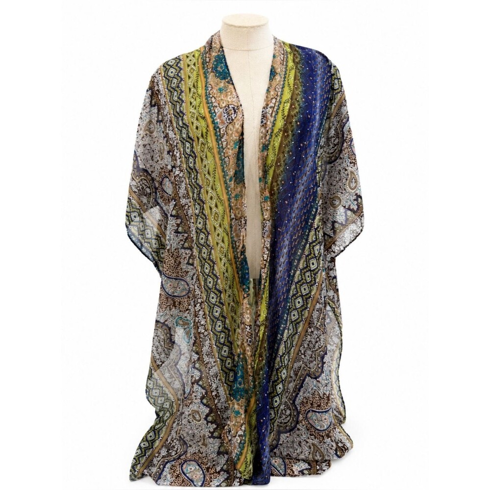 Jessica McClintock Multicolor Kimono Overlay Top Duster Sheer OSFM Boho